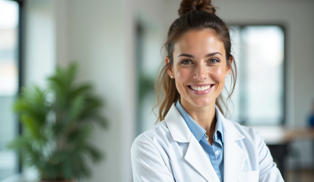 A calm, professional nutritionist smiling in a modern, clean office setting.