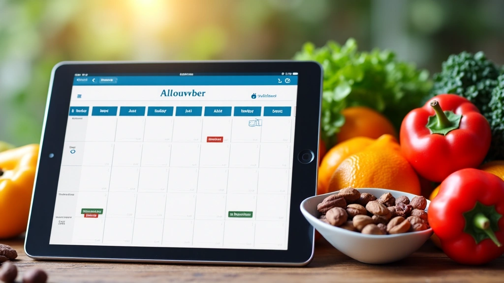 Calendar and booking interface on a screen with healthy food background